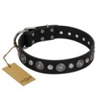 "Vintage Elegance" FDT Artisan Black Leather dog Collar with Engraved Brooches and Studs