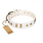 "Wintertide Mood" FDT Artisan White Leather dog Collar with Old Bronze-like Plates and Studs