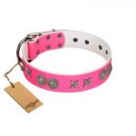 "Striking Fashion" Handmade FDT Artisan Designer Pink Leather dog Collar with Shields and Stars