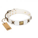 "Glo Up" FDT Artisan White Leather dog Collar with Skulls and Crossbones Combined with Squares