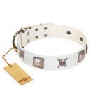 "Pirate Sloop" Handmade FDT Artisan Designer White Leather dog Collar with Crossbones