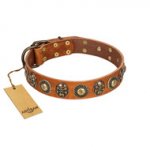 "Golden Epoch" FDT Artisan Tan Leather dog Collar with Old Bronze-plated Medallions and Conchos