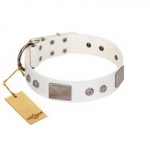 "Northen Lights" FDT Artisan White Leather dog Collar with Massive Plates and Pyramids