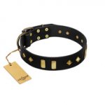 "De Luxe" FDT Artisan Black Leather dog Collar with Old Bronze-like Plates and Studs