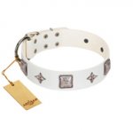 "Vanilla Ice" FDT Artisan Handmade White Leather dog Collar with Silver-like Adornments