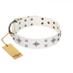 "The Milky Way" FDT Artisan White Leather dog Collar Adorned with Stars and Tiny Squares