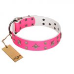 "Stars in Pink Dreams" Modern FDT Artisan Pink Leather dog Collar with Studs and Stars