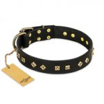 "Rhomb Style" FDT Artisan Decorated Leather dog Collar with Old Bronze-Plated Studs 1 1/2 inch (40 mm) Wide