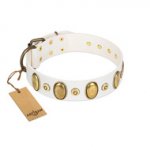 "Pearly Grace" FDT Artisan White Leather dog Collar with Engraved Ovals and Small Dotted Studs