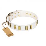 "Glorious Light" FDT Artisan White Leather dog Collar with Old Bronze-like Plates