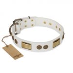 "Golden Avalanche" FDT Artisan White Leather dog Collar with Old Bronze Look Plates and Circles