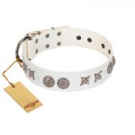 "Galaxy Hunter" FDT Artisan White Leather dog Collar with Engraved Brooches and Stars