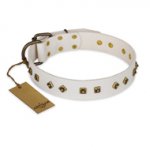 "Snow Cloud" FDT Artisan White Leather dog Collar with Square and Rhomb Studs