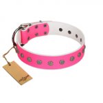 "Pink Blooming" FDT Artisan Pink Leather dog Collar with Silver-Like Flowers