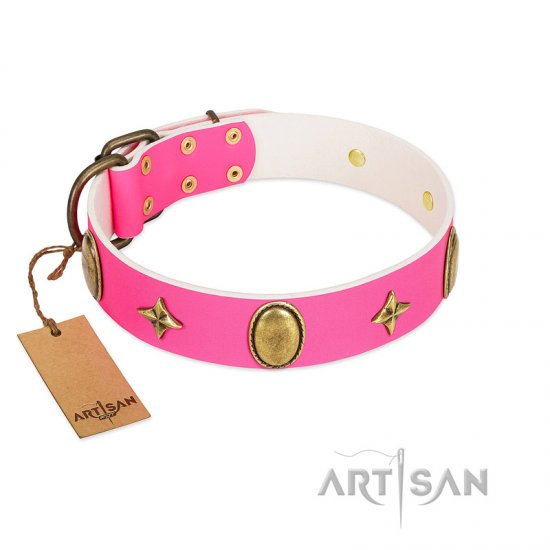 "Fashion Rush" FDT Artisan Pink Leather dog Collar with Ovals and Stars - Sulje napsauttamalla kuva