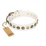 "Wondrous Venture" FDT Artisan White Leather dog Collar with Skulls and Brooches