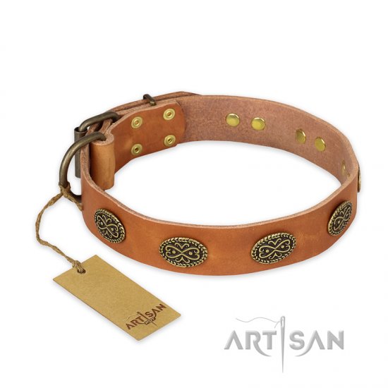 "Magic Amulet" FDT Artisan Tan Leather dog Collar with Oval Studs - Sulje napsauttamalla kuva