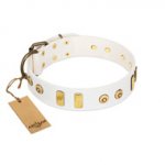 "Golden Union" Elegant FDT Artisan White Leather dog Collar with Old Bronze-like Dotted Studs and Tiles