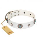 "Lush Life" Designer Handcrafted FDT Artisan White Leather dog Collar with Blue Stones