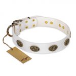 "Lovely Lace" FDT Artisan White Leather dog Collar with Old Bronze Look Ovals