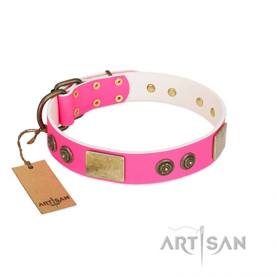 "Queen's Whim" FDT Artisan Fancy Walking Pink Leather dog Collar Adorned with Old Bronze-like Plates and Studs - Click Image to Close