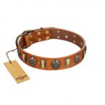 "Strike of Rock" FDT Artisan Tan Leather dog Collar with Plates and Medallions with Skulls