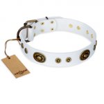 "Magnetic Appeal" FDT Artisan White Leather dog Collar with Old Bronze Look Decorations