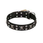 FDT Artisan "Rock 'n' Roll Style" Leather Dog Collar with Skulls, Bones and Studs 1 1/2 inch (40 mm) wide