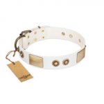 "Noble Impulse" FDT Artisan White Leather dog Collar Adorned with Antique Plates and Studs
