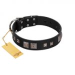 "Foregone Riches" FDT Artisan Black Leather dog Collar with Old Silver-like Square Studs and Pyramids