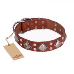 "Magic Squares" FDT Artisan Tan Leather dog Collar with Silver-like Decor