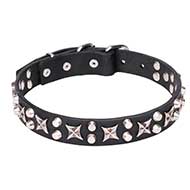 Fantastic Leather Dog Collar with Chrome Plated Hardware 1 1/5 inch (30 mm) Wide - "Shining Stars"