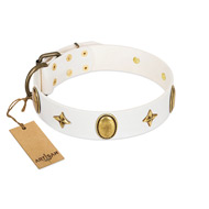 "Hollywood Star" FDT Artisan White Leather dog Collar with Ovals and Stars - 1 1/2 inch Wide