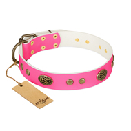 "Twinkle Pink" FDT Artisan Pink Leather dog Collar with Old Bronze Look Plates and Circles