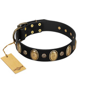 "Gilded Stones" FDT Artisan Black Leather dog Collar with Old Bronze-like Ovals and Studs - 1 1/2 inch (40 mm) wide