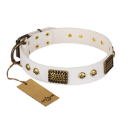 "Lost Treasures" FDT Artisan White Leather dog Collar with Old Bronze Look Plates and Skulls