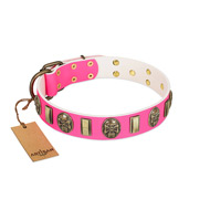 "Perilous Beauty" Pink FDT Artisan Leather dog Collar with Small Plates and Skulls