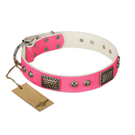 "Fashion Skulls" FDT Artisan Pink Leather dog Collar with Old Silver Look Plates and Skulls