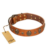 "Rockstar" FDT Artisan Tan Leather dog Collar with Engraved Studs and Medallions