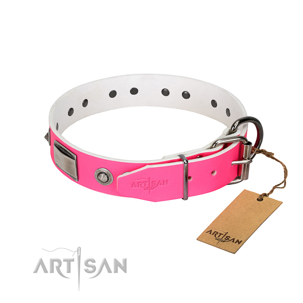 Adjustable dog collar of leather with adornments