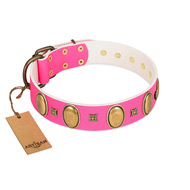 "Pawfect Lady" Designer Handmade FDT Artisan Pink Leather dog Collar with Ovals and Studs