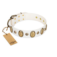 "Milky Lagoon" FDT Artisan White Leather dog Collar with Vintage Looking Oval and Round Adornments