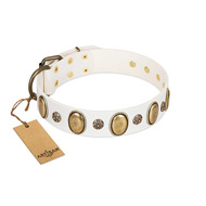 "Nifty Doodad" FDT Artisan White Leather dog Collar with Amazing Large Ovals and Small Studs