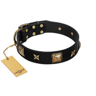 "Starry Harmony" FDT Artisan Black Leather Dog Collar with Squares and Stars for Comfortable Walking