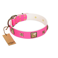 "Charm and Magic" FDT Artisan Pink Leather dog Collar with Luxurious Decorations