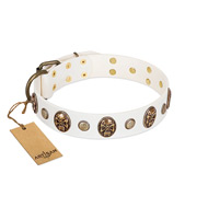 "Fatal Beauty" FDT Artisan White Leather dog Collar with Old Bronze-like Studs and Oval Brooches