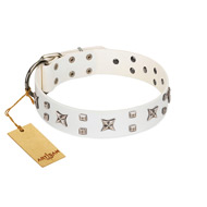 "Star Patrol" FDT Artisan White Leather dog Collar Adorned with Stars and Studs