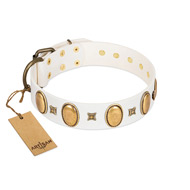 "Chichi Pearl" Designer Handmade FDT Artisan White Leather dog Collar with Ovals and Studs